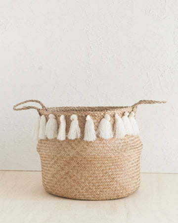 White Tasseled Belly Basket
